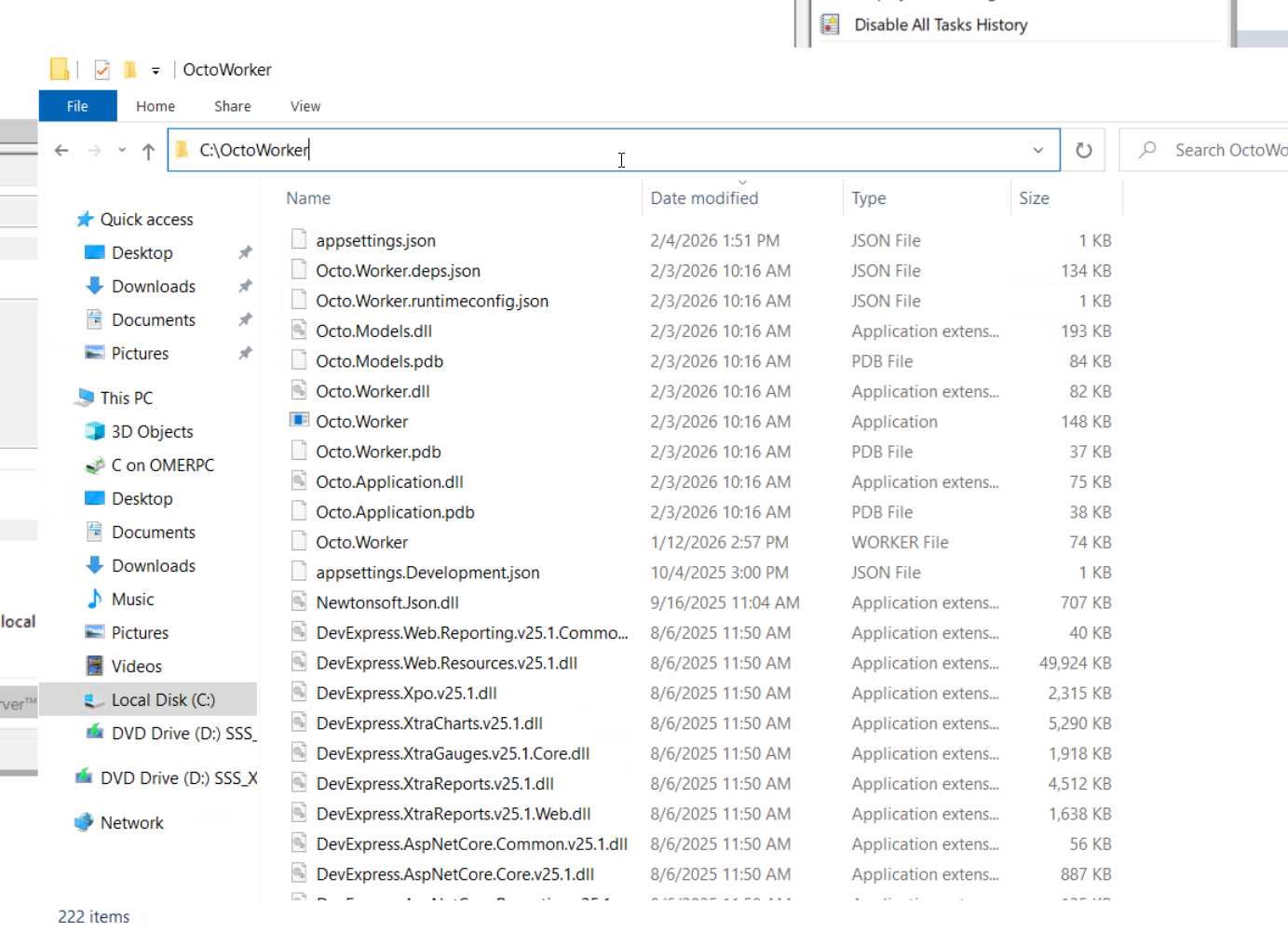 C:\OctoWorker dizinine paketin yerleştirilmesi