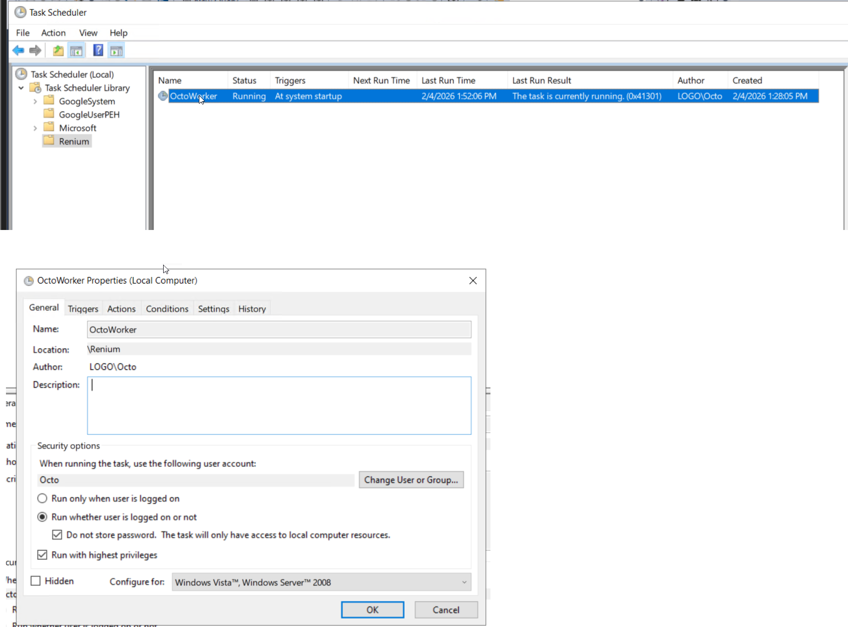 Task Scheduler — General sekmesi