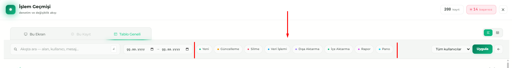 İşlem türü filtreleri