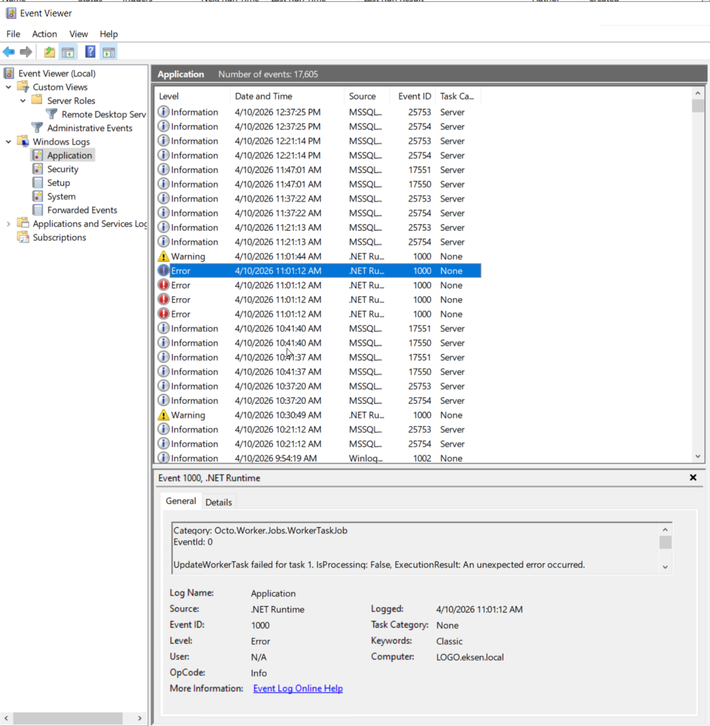Event Viewer — Application logs